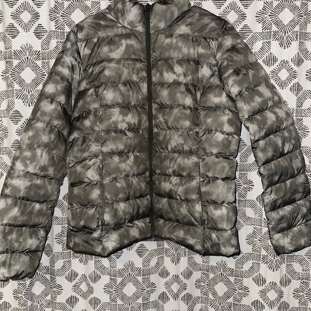 Eddie Bauer Women’s XL Down Jacket. It’s a tie dye green color.